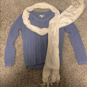 Blue Sweater and White Scarf